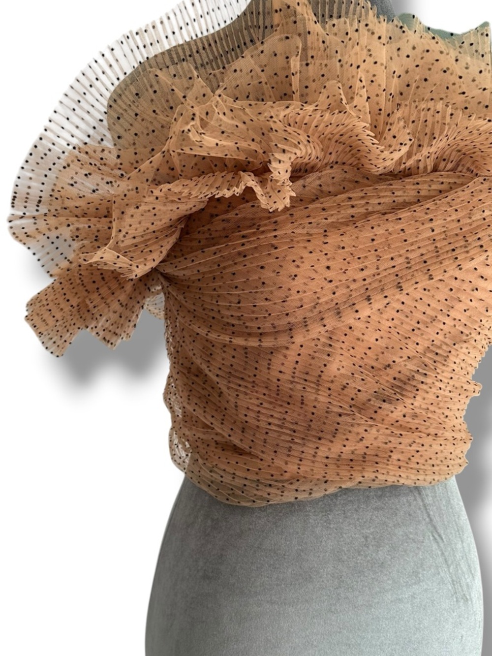 Zara Nude Mesh Tulle Black Polka Dot Ruffle Crop Tube Top Small Limited Edition - Picture 3 of 15